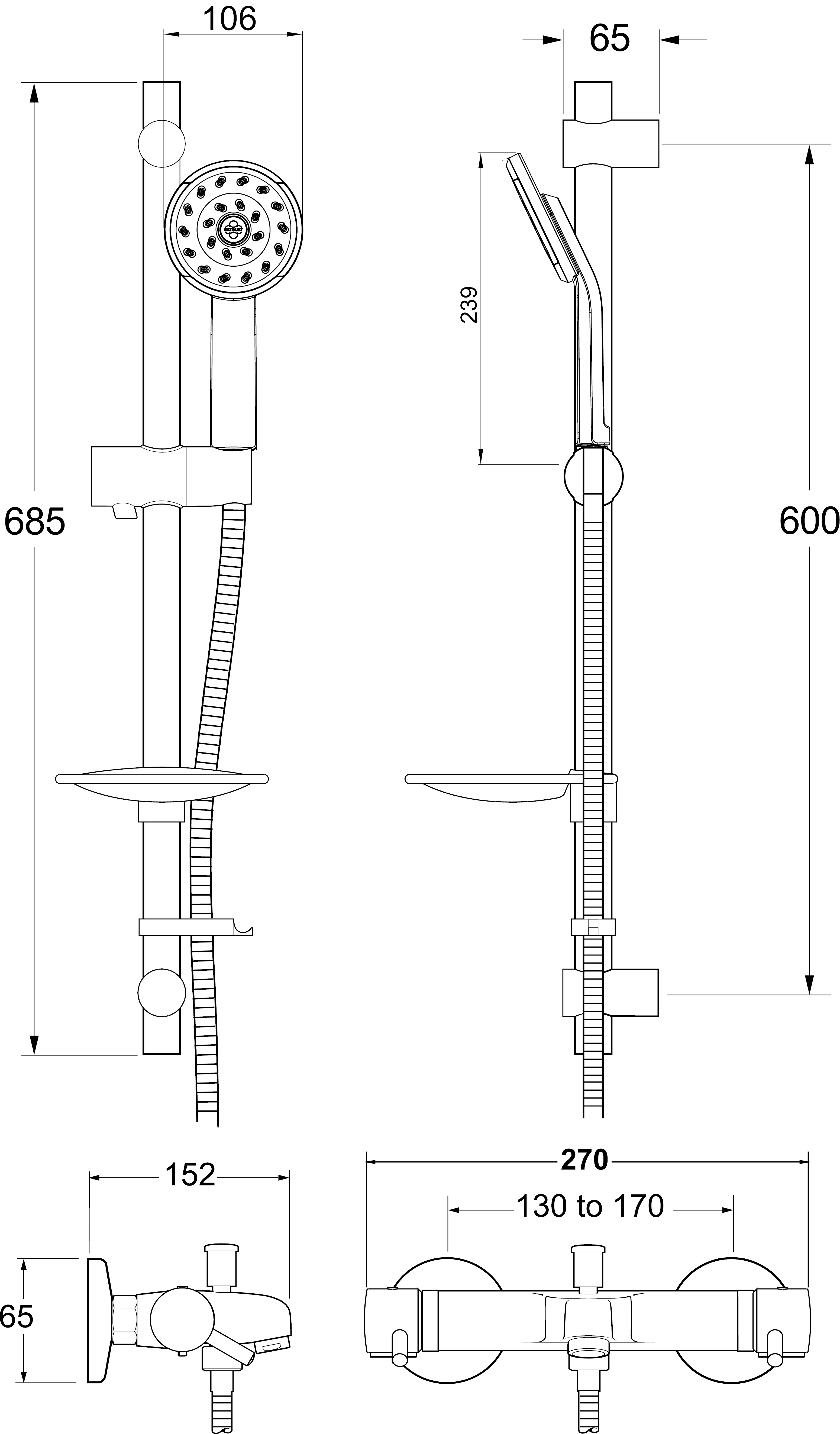Kiri Wall Mounted Thermostatic Bath Shower Mixer with Bracket Kit